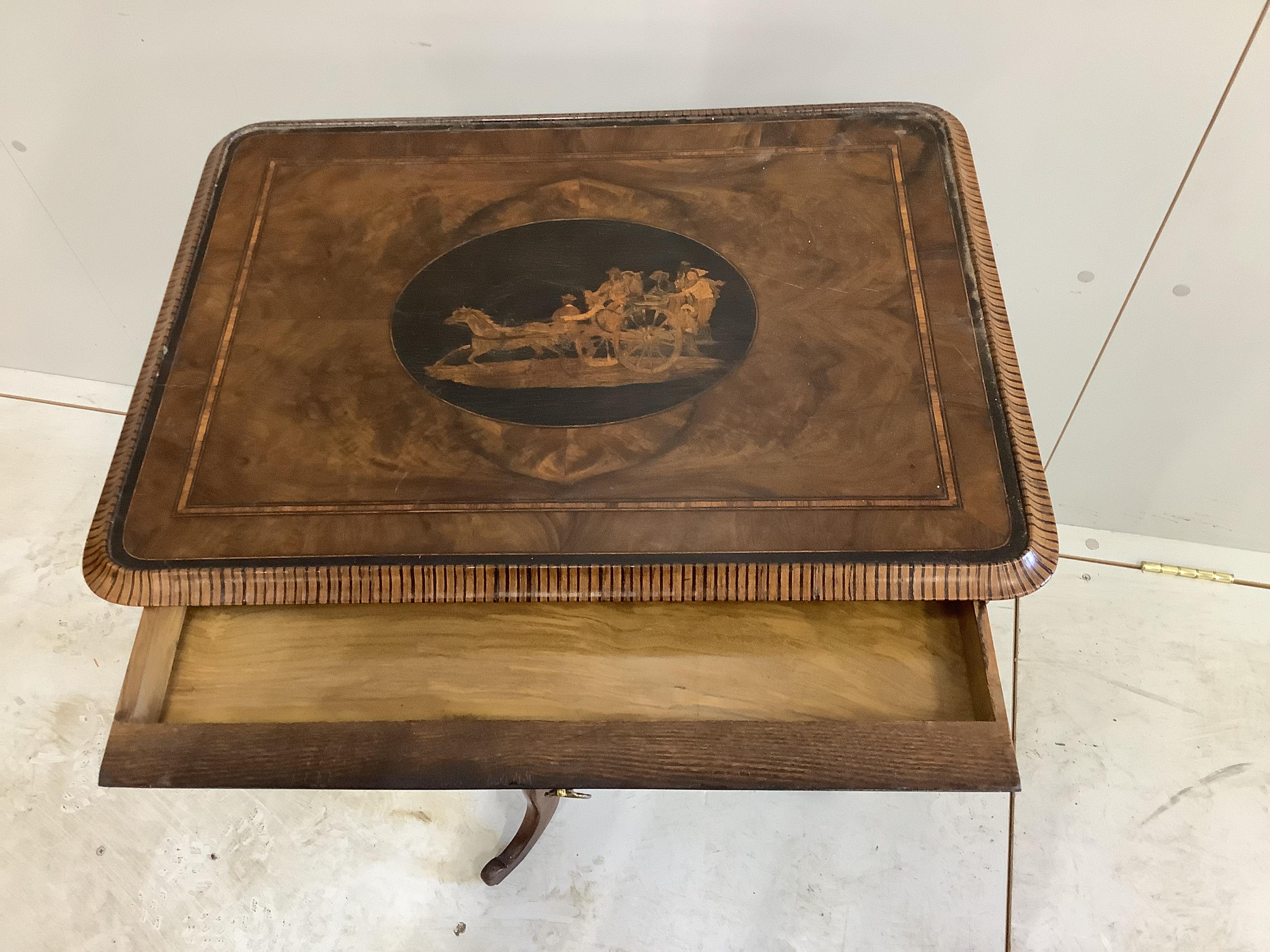 A 19th century Sorrento marquetry rectangular walnut tripod table on barley twist stem, width 53cm, depth 40cm, height 78cm